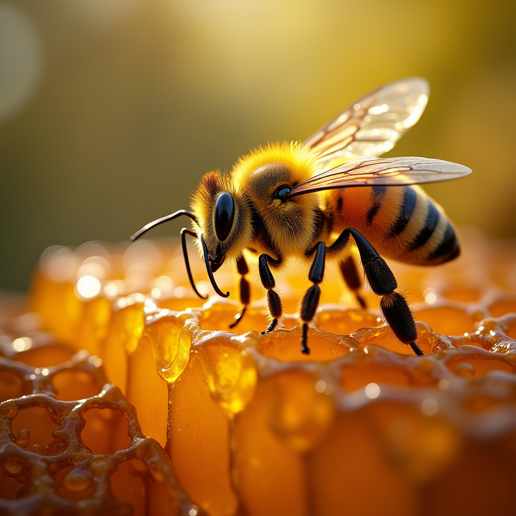 Close up view on bee - A bee sitting on a honeycomb Bee sitting on a honeycomb